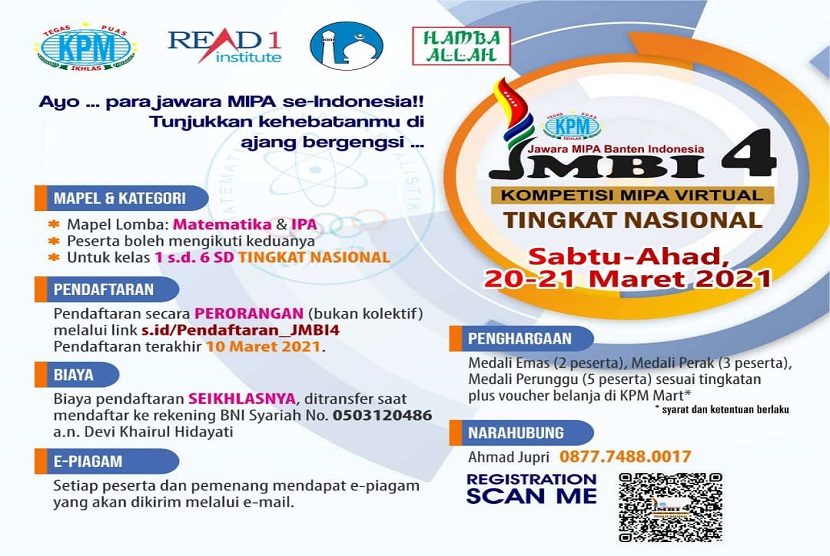 Klinik Pendidikan MIPA (KPM) Serang kembali menggelar Jawara MIPA Banten Indonesia (JMBI) Ke-4. Kompetisi berskala nasional untuk siswa kelas 1 hingga 6 Sekolah Dasar (SD) akan digelar dalam 2 babak yakni, penyisihan (20 Maret 2021) dan final (21 Maret 2021).