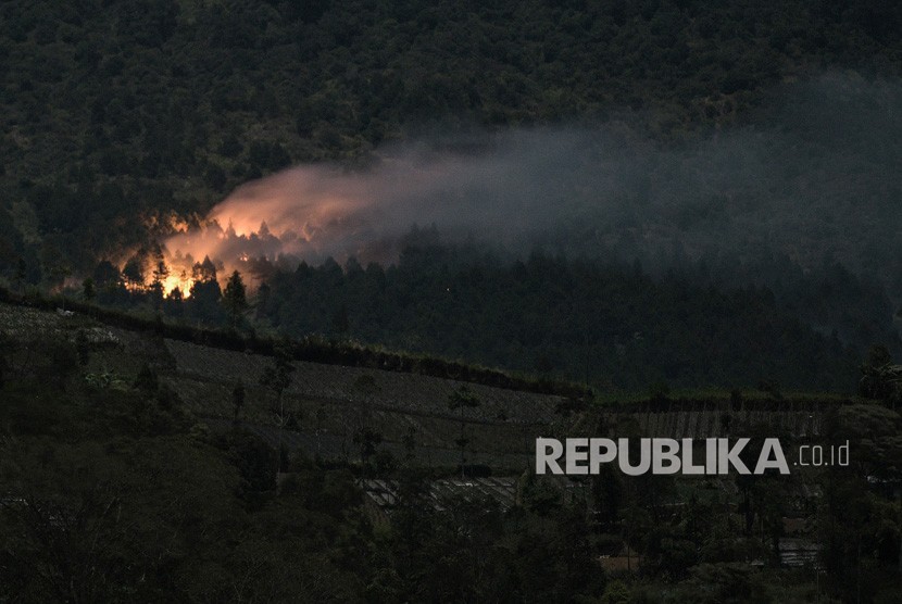 Kobaran api yang membakar hutan pinus di lereng bagian timur Gunung Slamet pada petak 58a, terlihat dari Desa Serang, Karang Reja, Purbalingga, Jateng, Kamis (12/9/2019).