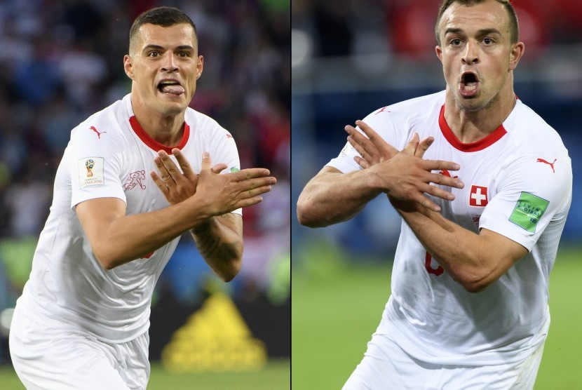 Kolase foto selebrasi gol dua pemain timnas Swiss, Xherdan Shaqiri (kanan) dan Granit Xhaka.