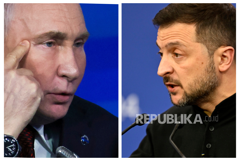 Kolase Presiden Rusia Vladimir Putin dan Presiden Ukraina Volodymyr Zelenskyy.