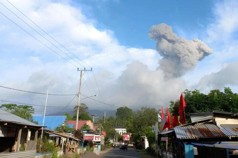 Kolom abu vulkanik berwarna kelabu membumbung akibat aktivitas erupsi yang terjadi pada Gunung Ibu yang terletak di barat laut Pulau Halmahera, Maluku Utara, Jumat (26/1/2024).  