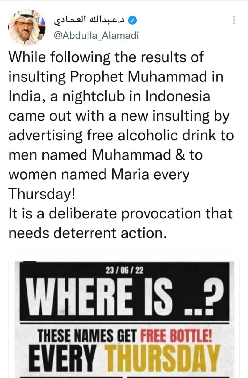 Kolumnis Harian Al Sharq, media yang berbasis di Doha, Qatar, @Abdulla_Alamadi ikut mengecam penghinaan Holywings.