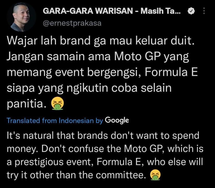 Komika Ernest Prakasa ejek penyelenggaraan Formula E di Sirkuit Ancol, Jakarta Utara, Sabtu (4/6/2022).