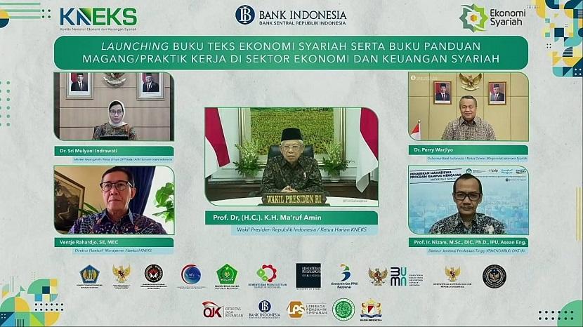 Komite Nasional Ekonomi dan Keuangan Syariah (KNEKS) berkolaborasi dengan Bank Indonesia meluncurkan buku teks ekonomi syariah serta buku panduan magang atau praktik kerja di sektor ekonomi dan keuangan syariah, Selasa (29/6/2021).