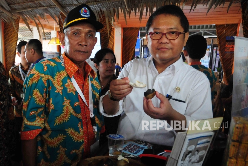 Komunikasi dan Informatika Rudiantara mencoba telur asin saat peluncuran Program Sinergi Aksi untuk Ekonomi Rakyat di Desa Larangan, Kecamatan Larangan, Brebes, Jawa Tengah, Senin, (11/4). (Republika/Agung Supriyanto)