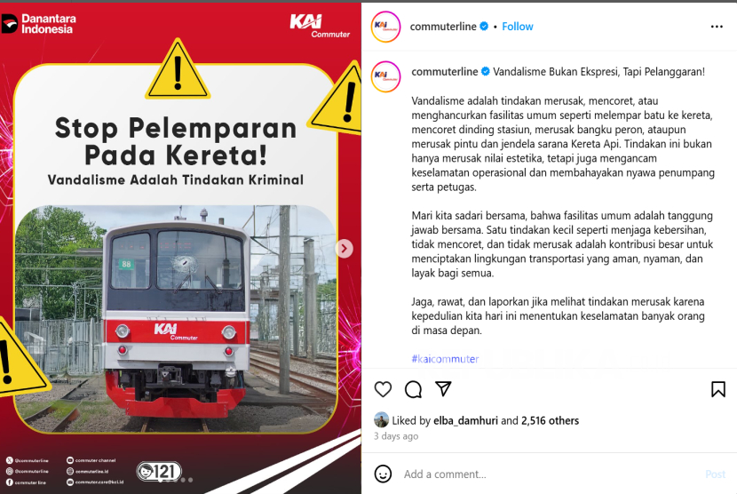 Komuter jadi sasaran pelemparan batu. KAI minta setop pelemparan batu ke kereta.