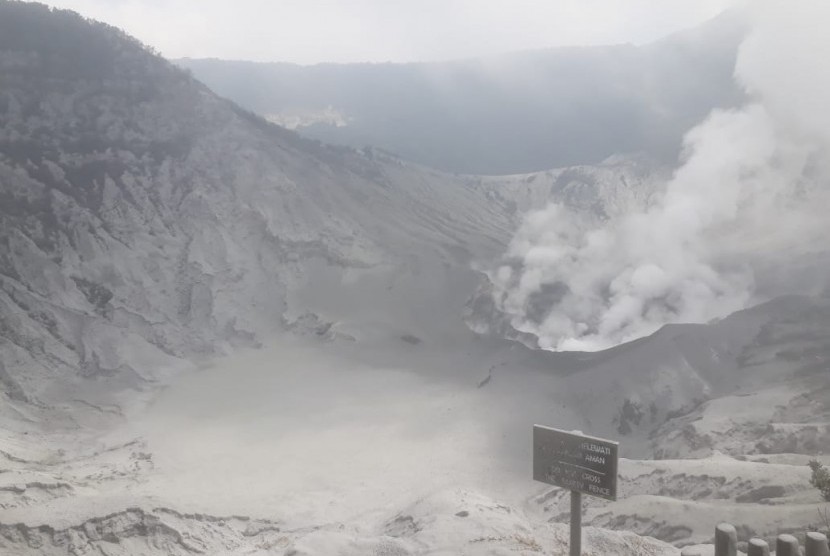 Kondisi puncak TWA Gunung Tangkuban Parahu yang dipenuhi abu vulkanik akibat erupsi pada Jumat (26/7) kemarin. 