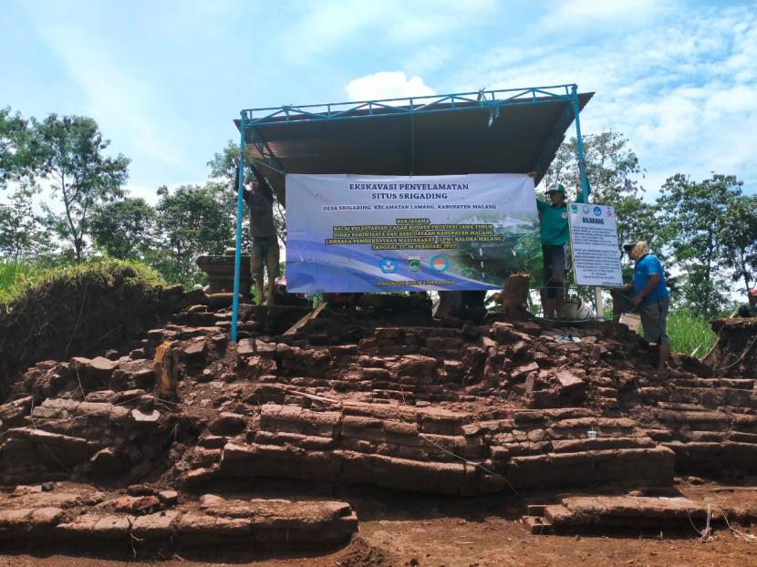 Kondisi Situs Srigading setelah menjalani ekskvasi selama dua tahap di  Lawang, Kabupaten Malang, Sabtu (26/2/2022). Dari dua tahap ini telah dipastikan Situs Srigading merupakan candi di masa kerajaan Mataram Kuno.