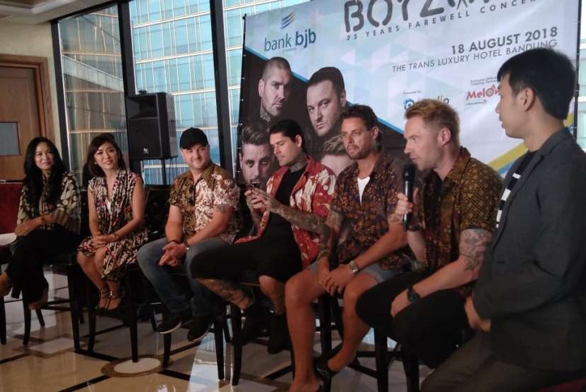 Konferensi pers Boyzone 25 Years Farewell Concert di The Trans Luxury Hotel Bandung, Kota Bandung, Sabtu (18/8). 