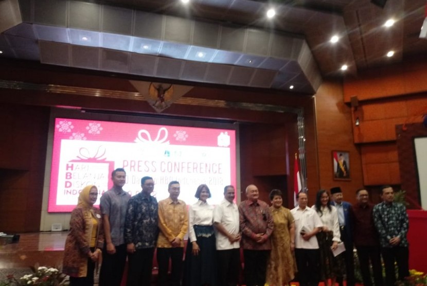 Konferensi pers Hari Belanja Diskon Indonesia (HBDI) 2018 di Gedung Sapta Pesona Kementerian Pariwisata, Jakarta, Senin (30/7).