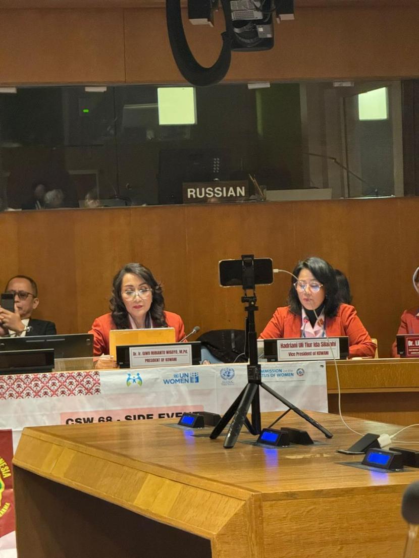 Kongres Wanita Indonesia (Kowani) bersama dengan Kementerian Pemberdayaan Perempuan dan Perlindungan Anak (KPPPA) menyelenggarakan side event pada ajang Commission on the Status of Women (CSW68) di Markas Besar PBB, New York, Senin (18/3/2024). 