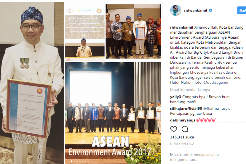 Kota Bandung meraih predikat Udara Terbersih untuk kategori Kota Besar dari ASEAN. Penghargaan ini diberikan dalam acara The 4th ASEAN Environmentally Cities Award di Bandar Seri Begawan Brunei Darussalam yang diterima langsung oleh Wali Kota Bandung Ridwan Kamil, Selasa (12/9) malam.