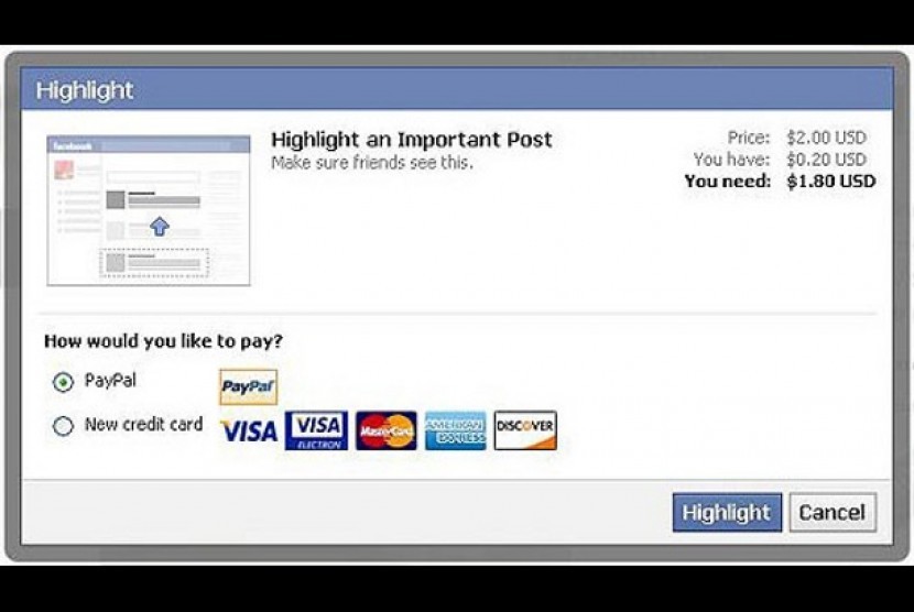 Kotak pembayaran untuk menggunakan fitur Highlight di Facebook