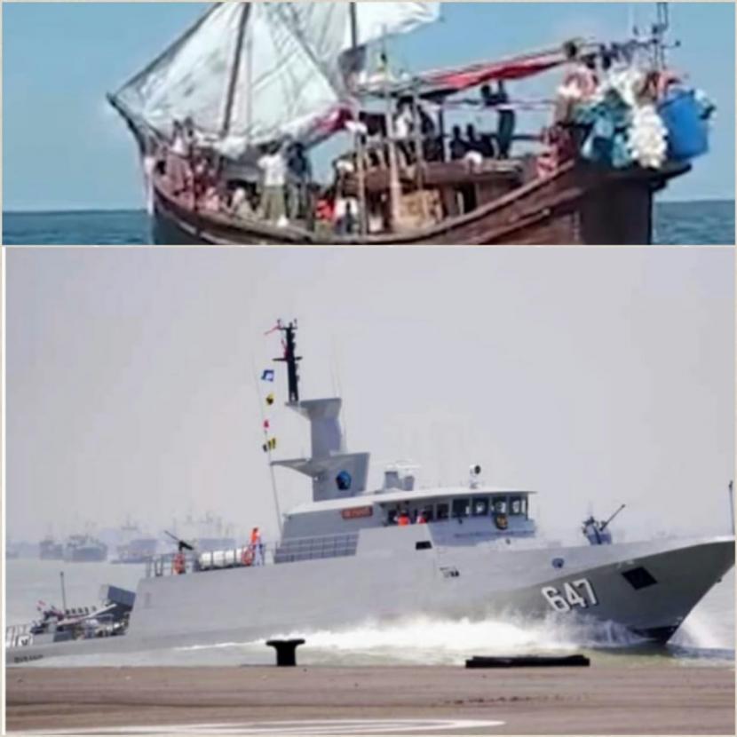 KRI Parang-647 ditugaskan menarik perahu yang ditumpangi pengungsi Rohingya di perairan Aceh menuju Pelabuhan Kruengkeukuh, Kota Lhokseumawe pada Kamis (30/12) pagi WIB. 