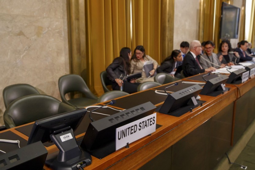 Kursi delegasi Amerika Serikat (AS) kosong sebagai protes atas kepemimpinan Venezuela dalam Konferensi Perlucutan Senjata di markas PBB di Jenewa, Switzerland, Selasa (28/5).