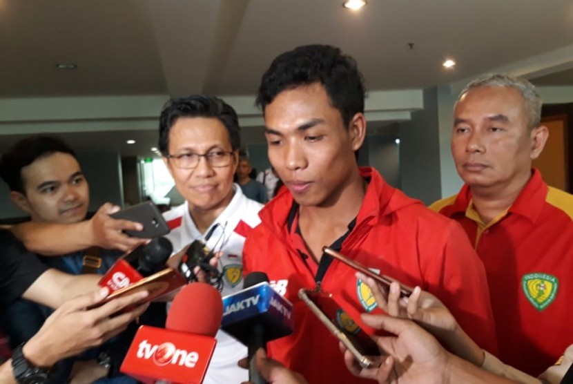 Lalu Muhammad Zohri saat menjalani sesi wawancara bersama awak media di Hotel Century, Jakarta, Kamis (19/7).