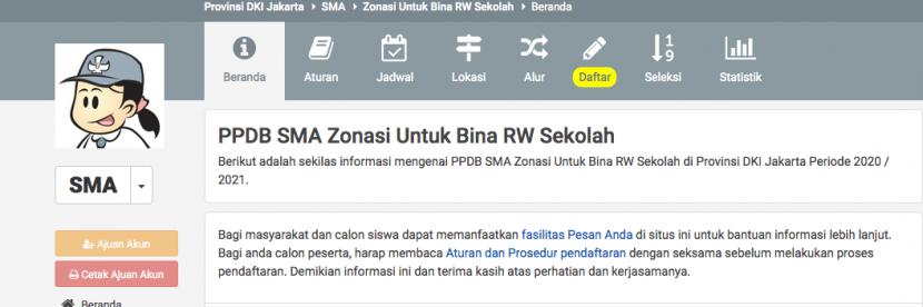 Laman PPDB DKI Jakarta memperlihatkan pendaftaran jalur zonasi Bina RW.