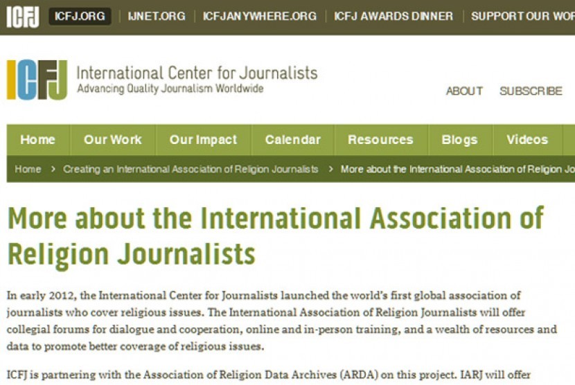 Laman situs The International Association of Religion Journalists (IARJ)