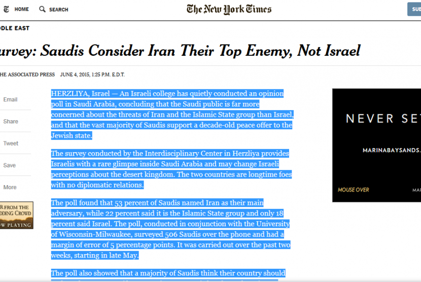 Laporan the New York Times tentang survei masyarakat Arab Saudi yang menganggap Iran sebagai musuh utama.