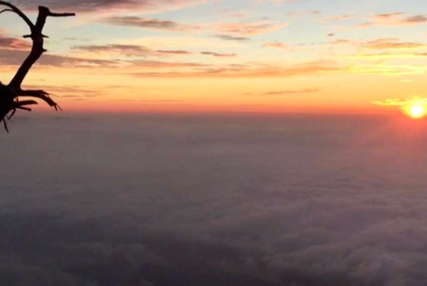 Lautan awan dan matahari di puncak Gunung Sumbing, Jawa Tengah