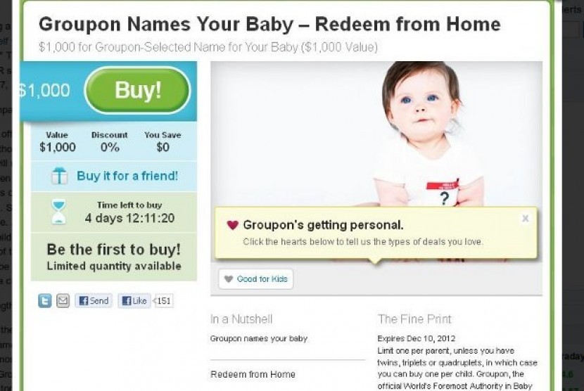 Layanan penamaan bayi berbandrol seribu dolar dari Groupon