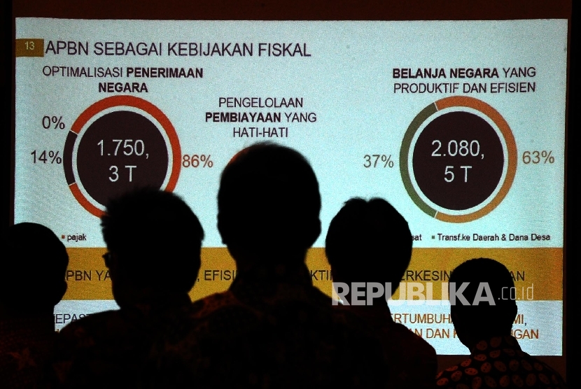 Layar lebar menampilkan taget APBN saat Dialog Perpajakan di Jakarta, Senin (16\1). 