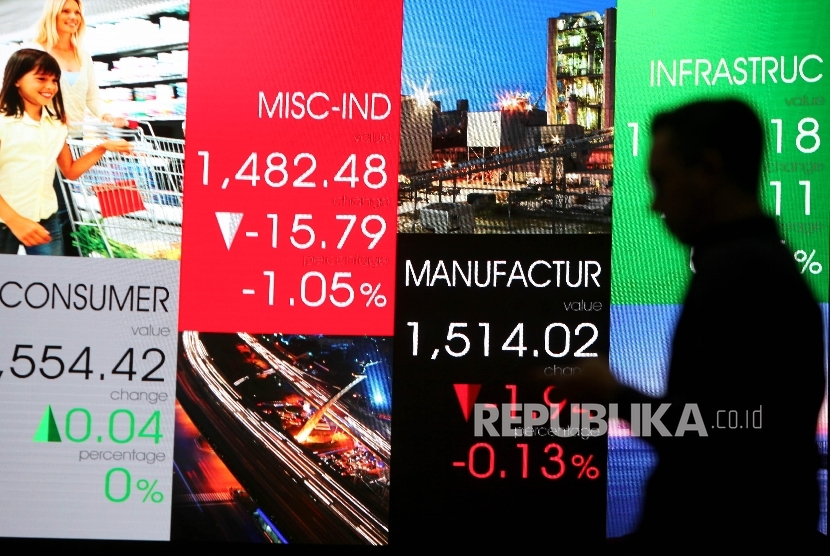 layar menujukkan pergerakan Indeks Harga Saham di Bursa Efek Indonesia , Jakarta, Senin (3/7).