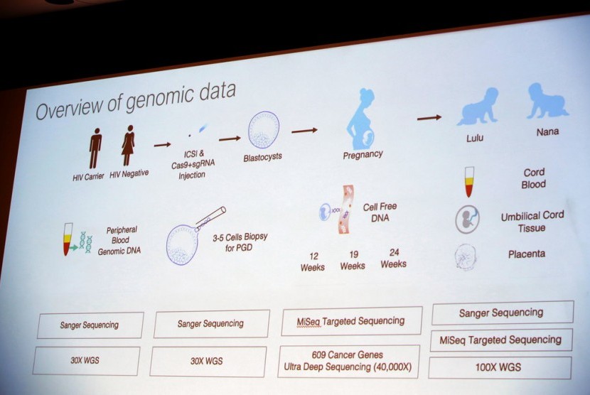 Layar menunjukkan informasi mengenai data genom saat peneliti Cina He Jiankui berbicara dalam Human Genome Editing Conference di Hong Kong, Rabu (28/11). He mengklaim telah menciptakan bayi rekayasa genetik yang resisten virus HIV. 