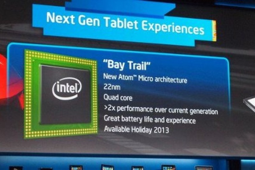 Layar presentasi Intel saat mengumumkan prosesor terbaru mereka dalam jajaran Atom, Bay Trail.