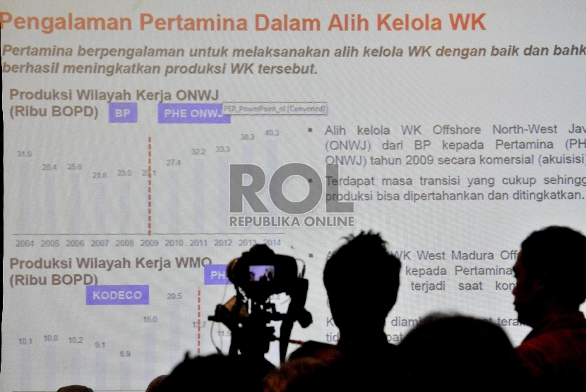 Layar proyektor menampilkan informasi mengenai pengalaman Pertamina dalam alih kelola wilayah kerja blok migas diperlihatkan dalam diskusi mengenai pengelolaan blok mahakam di Jakarta, Senin (13/4).(Republika/Edwin Dwi Putranto