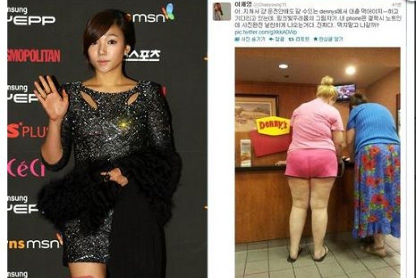 Lee Chae-young (kiri) dan akun twitternya yang memposting foto wanita kelebihan berat badan dari AS