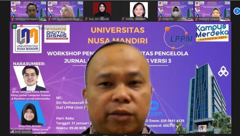 Lembaga Penelitian dan Pengabdian Masyarakat (LPPM) Universitas Nusa Mandiri (UNM) sukses menggelar Workshop Peningkatan Kualitas Pengelolaan Jurnal Ilmiah Berbasis OJS Versi 3.