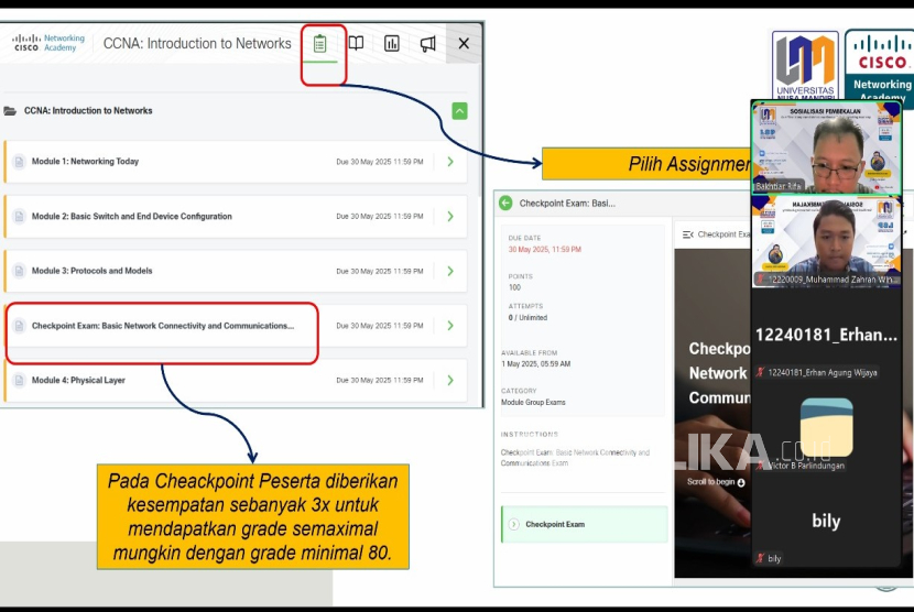  Lembaga Sertifikasi Profesi (LSP) Nusa Mandiri bekerja sama dengan Fakultas Teknologi Informasi (FTI) Universitas Nusa Mandiri menyelenggarakan kegiatan Pelatihan/Pembekalan Sertifikasi Cisco Networking Academy, Ahad (4/5/2025).
