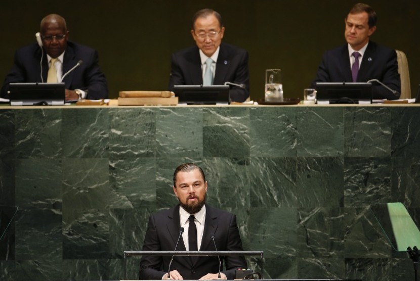 Leonardo DiCaprio saat berbicara di hadapan Sidang Umum PBB tentang perubahan iklim, Rabu (23/9).