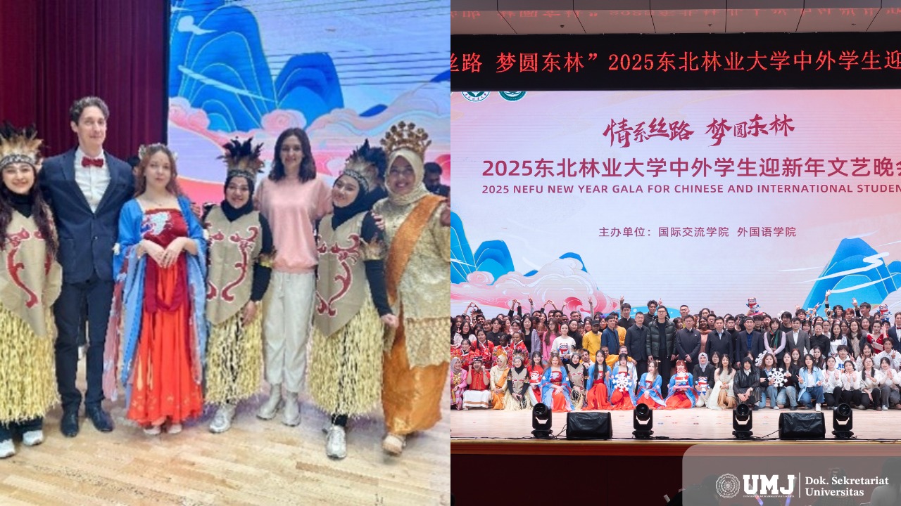 Lima mahasiswa Universitas Muhammadiyah Jakarta (UMJ) memperkenalkan budaya Indonesia melalui Nyanyian dan Tarian Sajojo asal Papua dalam acara “2025 NEFU New Year Gala for Chinese and International Students” yang berlangsung di Aula Sains Northeast Forestry University (NEFU), China, pada Kamis (19/12/2024).