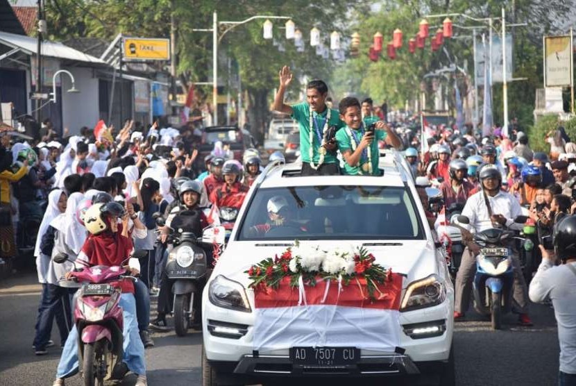 Lima penggawa Timnas U16, mendapat sambutan meriah dari warga Kabupaten Purwakarta, Rabu (15/8).