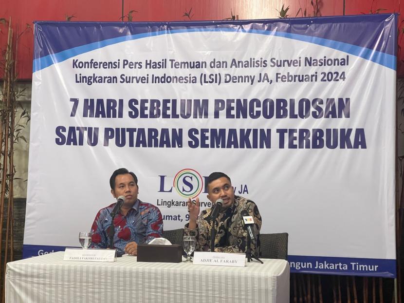 Lingkaran Survei Indonesia (LSI) Denny JA merilis survei tujuh hari menjelang pencoblosan Prabowo-Gibran makin berpeluang menang satu putaran.