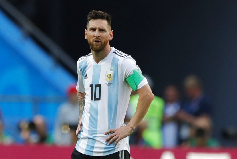 Lionel Messi dari Argentina bereaksi selama putaran 16 pertandingan antara Prancis dan Argentina, di Piala Dunia Sepak Bola 2018 di Kazan Arena.