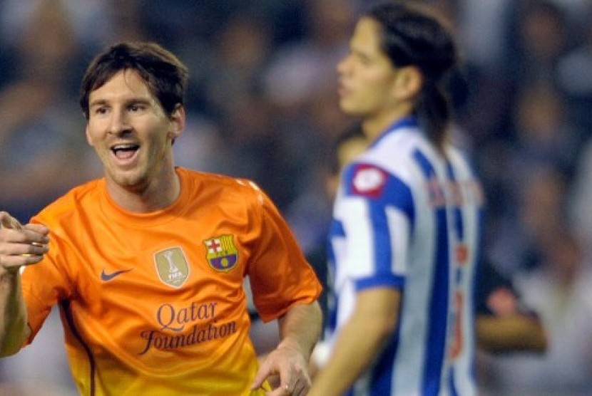 Lionel Messi usai mencetak gol ke gawang Deportivo La Coruna, Ahad (21/10) pagi.