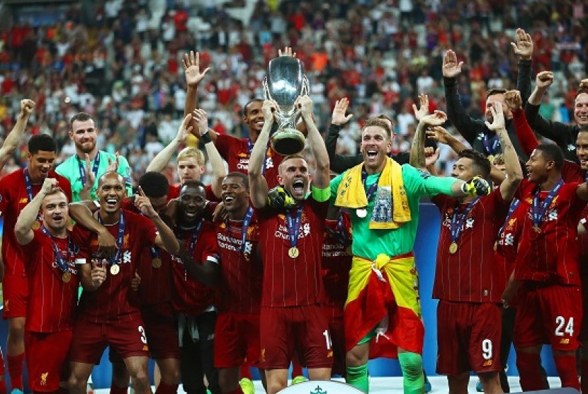 Liverpool merayakan gelar juara Piala Super Eropa 2019.