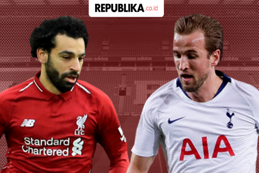 Striker Liverpool Mohamed Salah Vs striker Tottenham Hotspur Harry Kane (kanan).