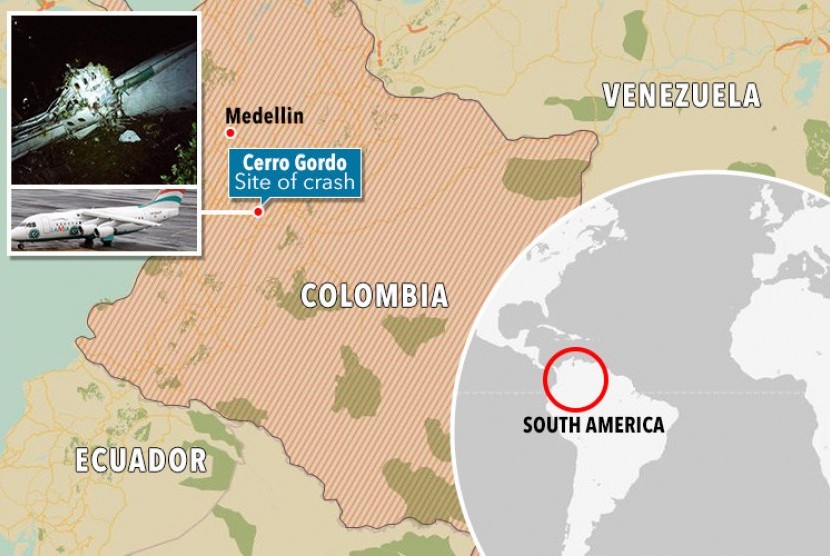 Lokasi jatuhnya pesawat British Aerospace 146 di dekat Bandara Internasional Medellin, Kolombia, Selasa (29/11).