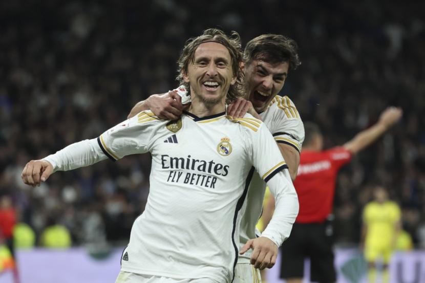 Luka Modric merayakan gol Real Madrid ke gawang Villarreal di La Liga Spanyol.