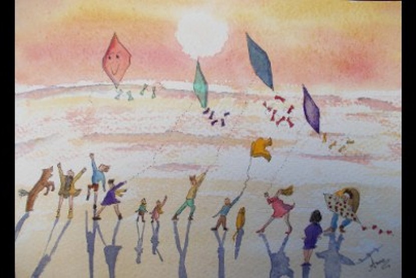 Lukisan cat air 'Kite at Sunset'
