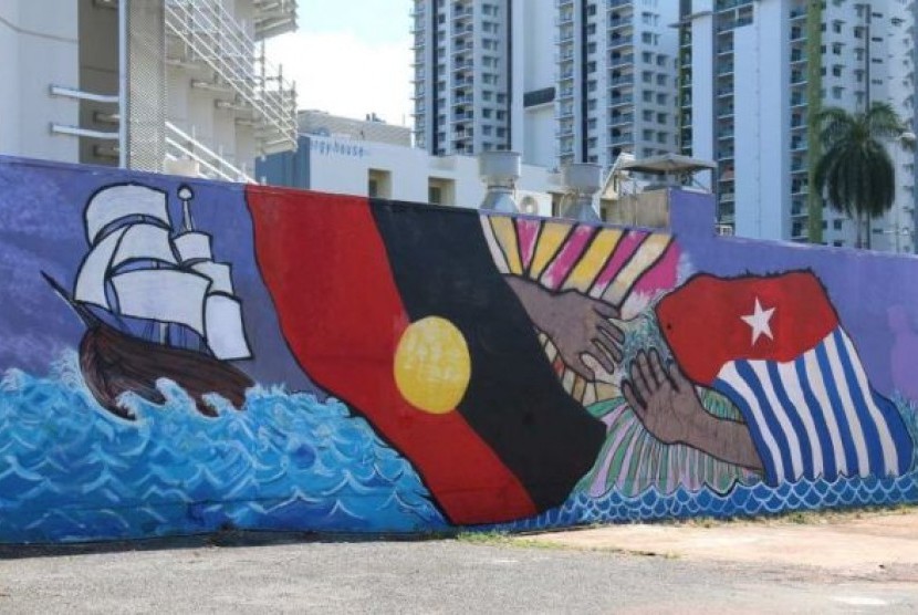 Lukisan mural yang menggambarkan bendera gerakan Papua Merdeka “Bintang Kejora” dilukis pada Juni 2015. 