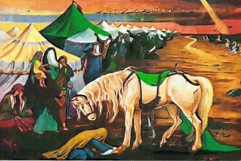 Lukisan Pelukis Iran tentang gugurnya Husein di Karbala. Keterangan foto tidak tersedia.