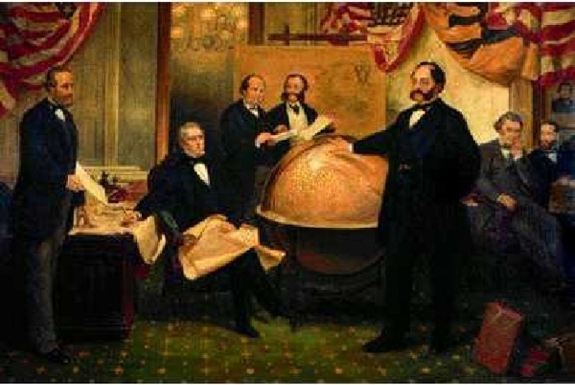 Lukisan prosesi pembelian Alaska antara Tsar Alexander II dan Sekretaris Negara Amerika Serikat William H Seward.