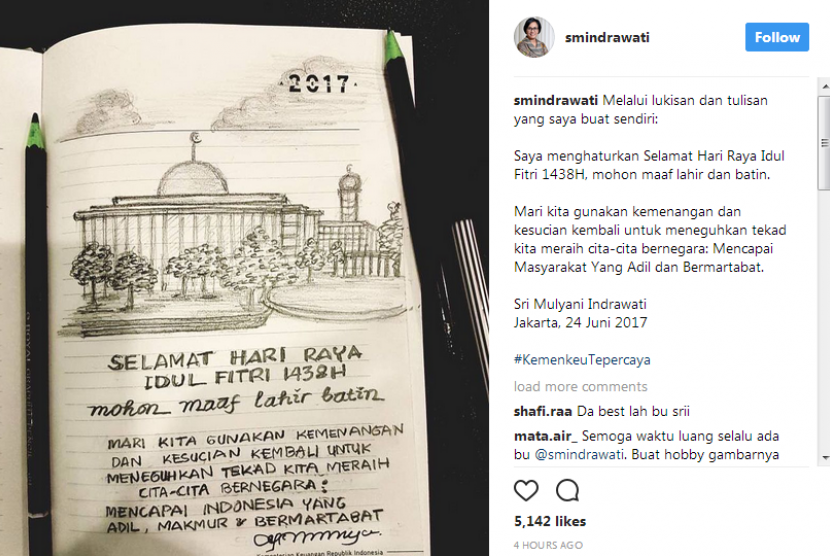 Lukisan ucapan selamat Hari Raya idul Fitri yang dibuat Menteri Keuangan, Sri Mulyani yang dibagikan di akun Instagram pribadinya, Sabtu (24/6).