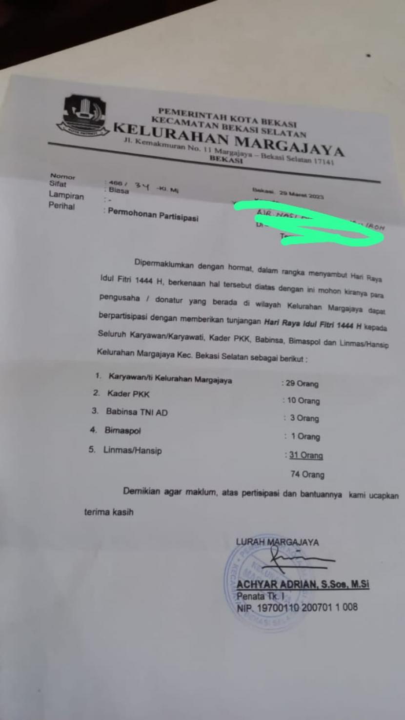 Lurah Margajaya Kota Bekasi Achyar Adrian membuat surat THR yang ditujukan kepada para pengusaha di Kota Bekasi.