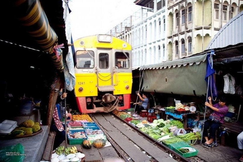 Maeklong Market in Railway at Thailand. 